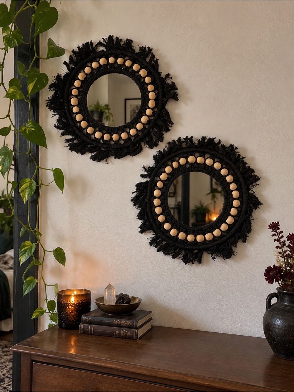 Black Fringe Macrame Mirror Set Boho Wall Decor Boho Whimsy Vintage 1970s femme